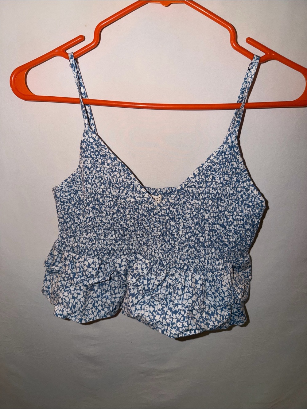 Billabong Blue and White Floral Smocked Ruffle Cami